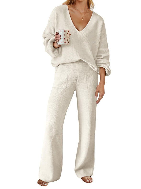 MEROKEETY V Neck Knit Pullover Top and Wide Leg Pant Lounge Set