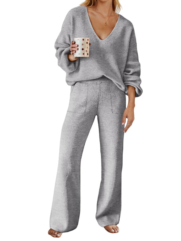 MEROKEETY V Neck Knit Pullover Top and Wide Leg Pant Lounge Set
