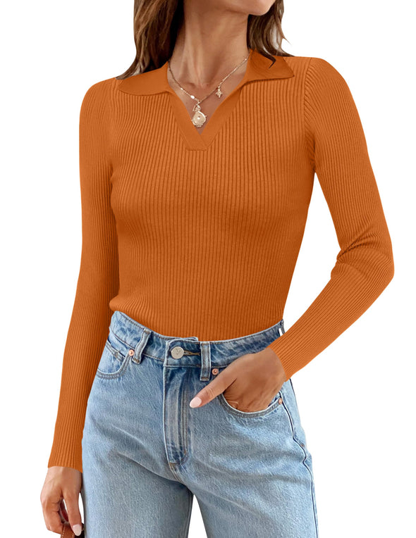 MEROKEETY V Neck Long Sleeve Fitted Ribbed Knit Top