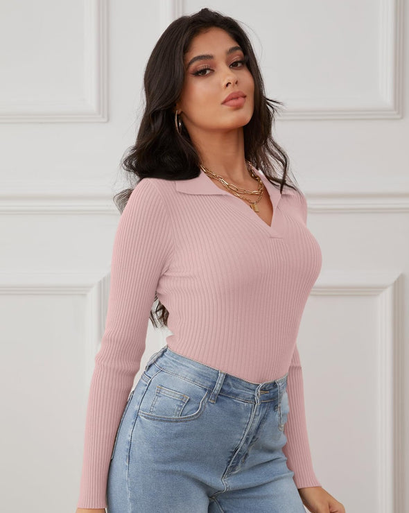 MEROKEETY V Neck Long Sleeve Fitted Ribbed Knit Top