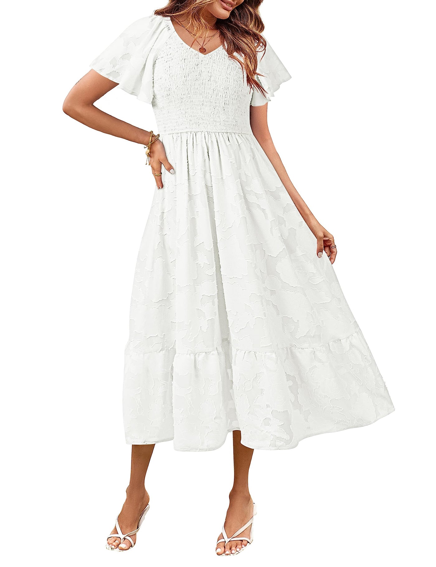 MEROKEETY V Neck Ruffle Sleeve Floral Lace Smocked Midi Dress Merokeety MEROKEETY V Neck Ruffle Sleeve Floral Lace Smocked Midi Dress Merokeety
