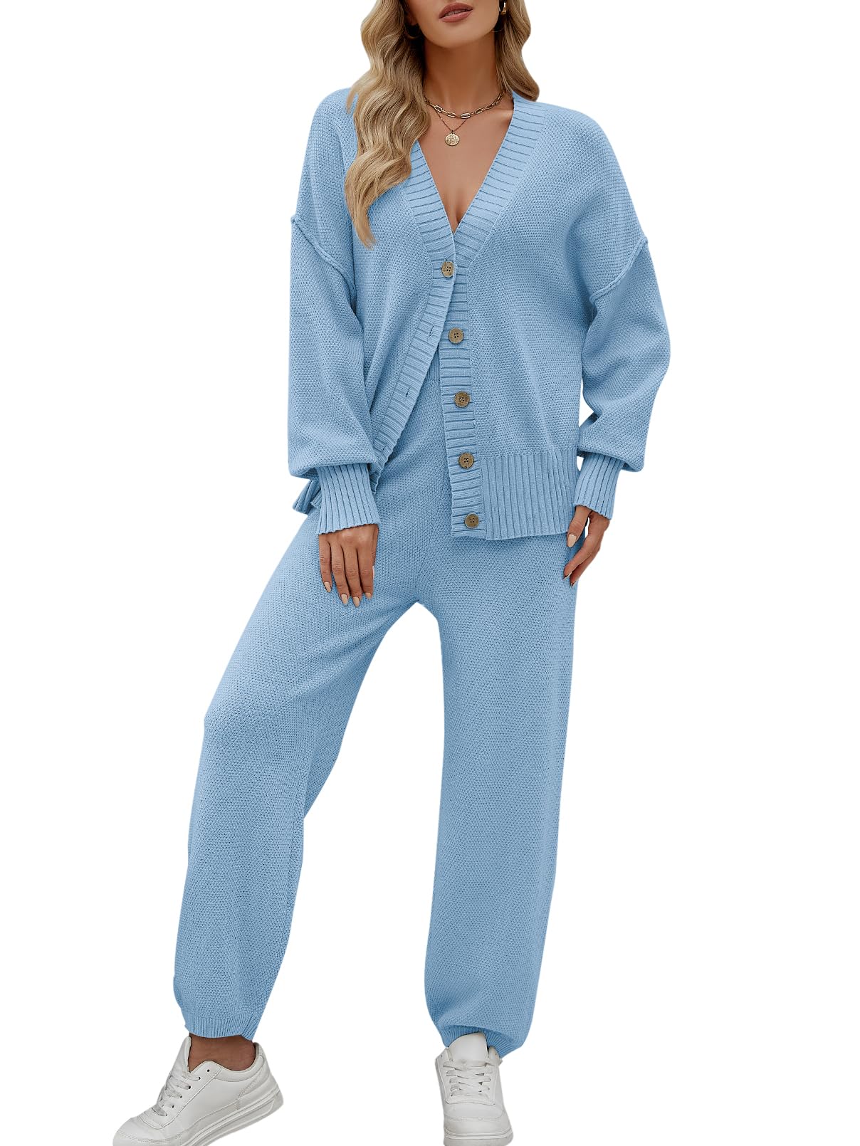 Awesperol Women's 2 Piece Outfits Waffle Knit Shackets Long Sleeve Cardigan And High Waisted