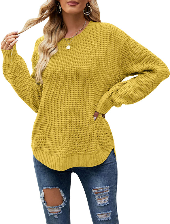 MEROKEETY Waffle Knit Long Balloon Sleeve Loose Sweater