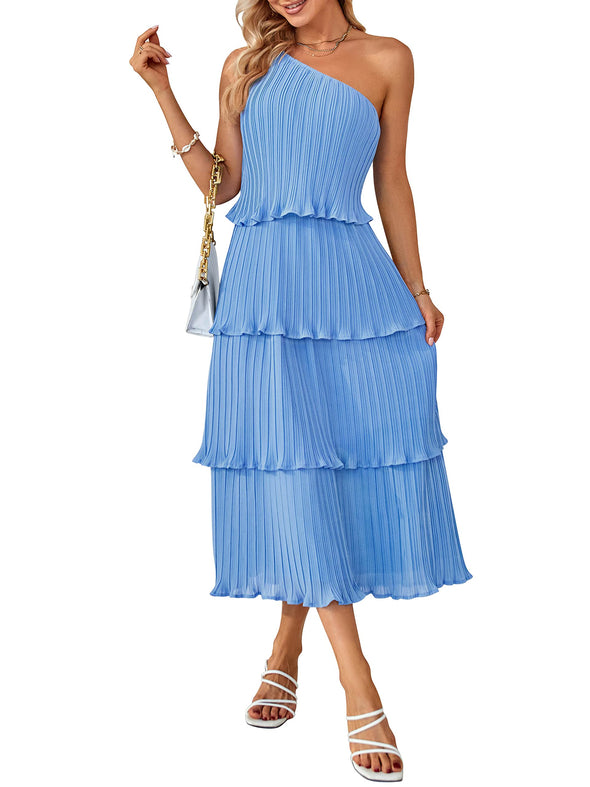 MEROKEETY One Shoulder Sleeveless Pleated Tiered Maxi Dress