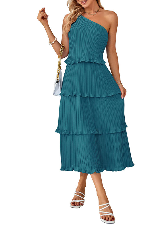 MEROKEETY One Shoulder Sleeveless Pleated Tiered Maxi Dress
