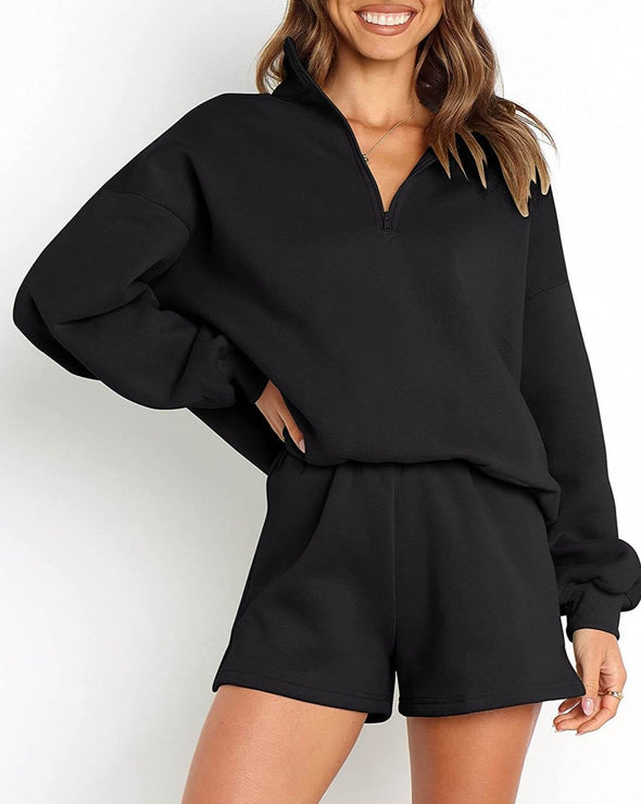 MEROKEETY Long Sleeve Zipper Sweatsuit Short Set