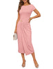 MEROKEETY Womens 2026 Boat Neck Cap Sleeve Ruched Bodycon Midi Party Dress