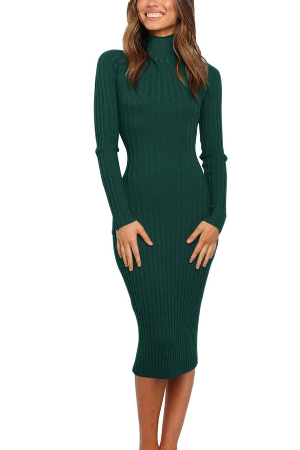 MEROKEETY Ribbed Knitted High Neck Sweater Dress