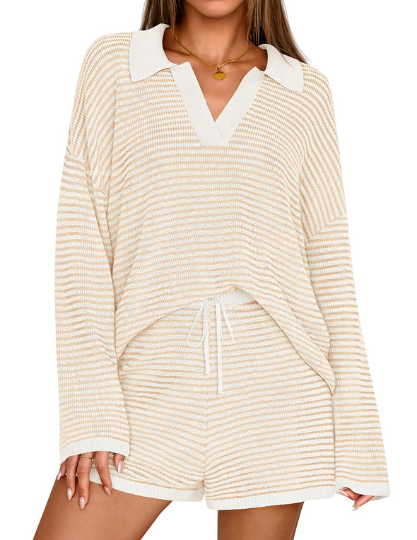 MEROKEETY Casual Striped Sweater Tops Shorts Matching Set