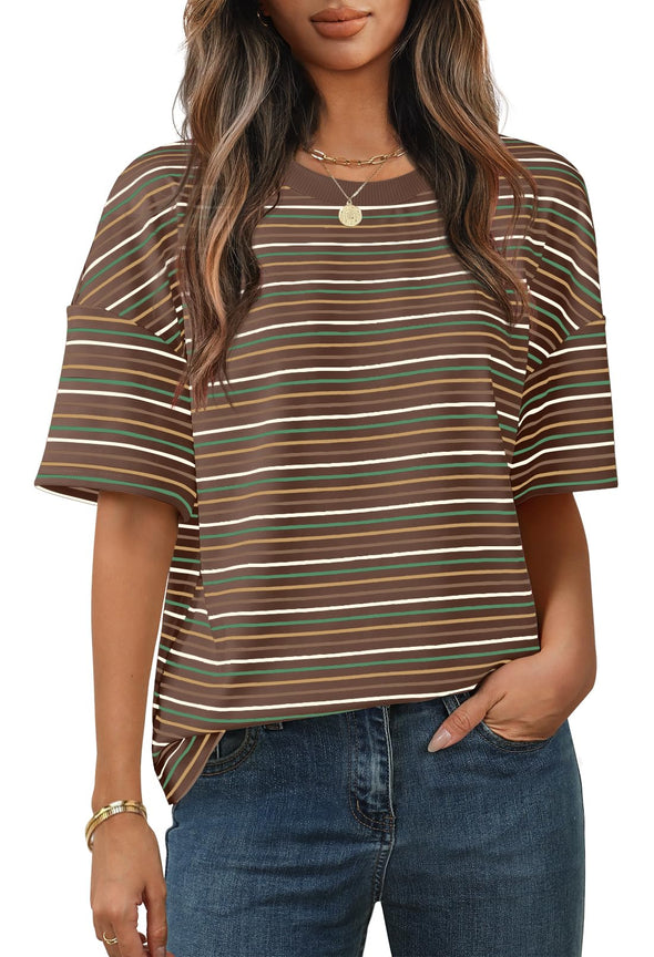 MEROKEETY Casual Colourful Striped Crewneck Loose Tops