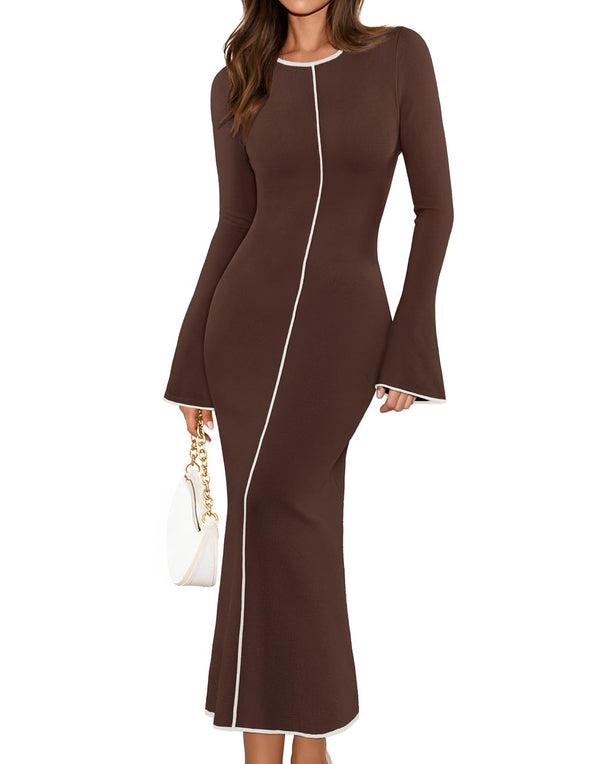 MEROKEETY Bell Sweater Elegant Bodycon Color Block Knit Dresses