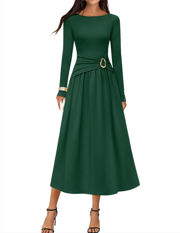 MEROKEETY Elegant Boat Neck Ruched Swing Cocktail Party Dresses