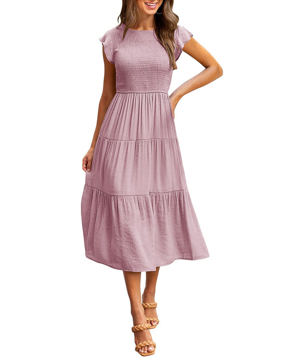 MEROKEETY Short Sleeve Smocke Tiered A-Line Dress