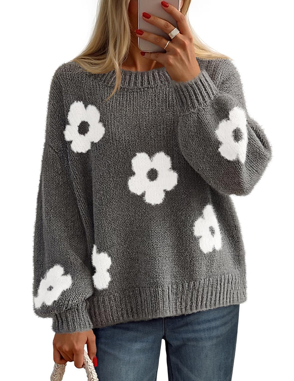 MEROKEETY Floral Cute Long Lantern Sleeve Crewneck Knit Pullover Tops
