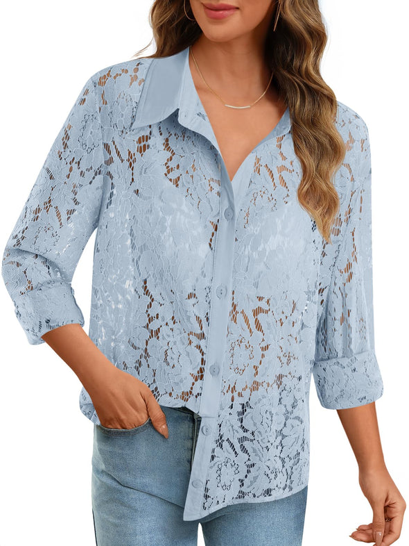 MEROKEETY Lace Sheer Blouses Dressy Down Collared Shirts