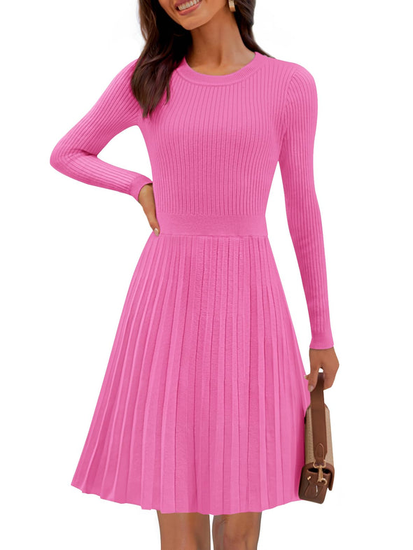 MEROKEETY Crewneck Ribbed Knit A Line Pleated Swing Short Dresses