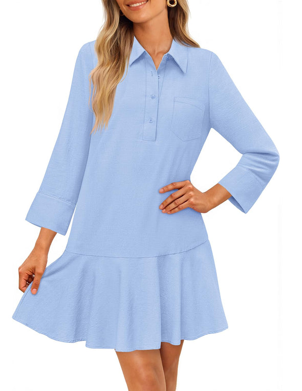 MEROKEETY 3/4 Sleeve Shirt Button Down Shift Pleated Midi Dresses