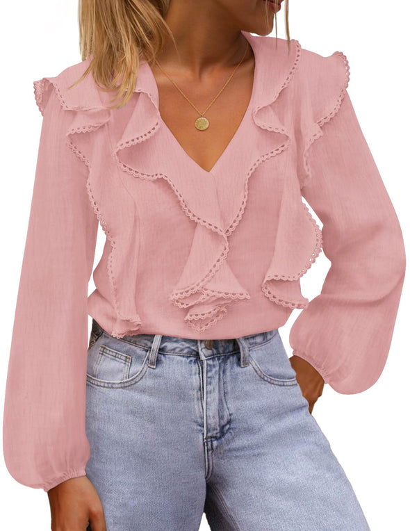 MEROKEETY Ruffle Blouse Dressy Top V Neck Trendy Work Shirts