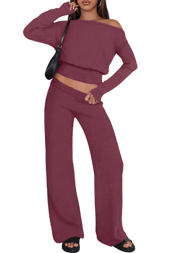 MEROKEETY Pajama Set Fuzzy Fleece Loungewear Off Shoulder Sweater Tops