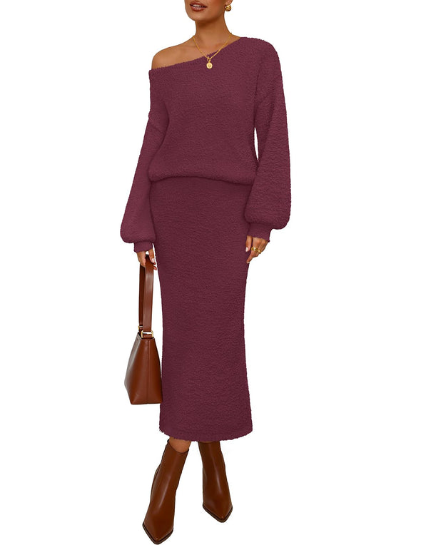 MEROKEETY Fall Fuzzy Boat Neck Pullover Top Maxi Skirt