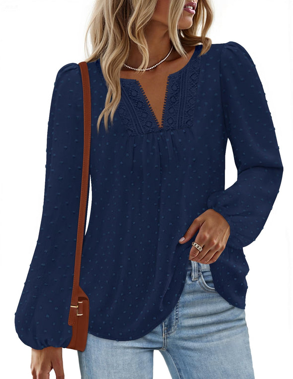 MEROKEETY Fall Blouse Crochet Lace V Neck Swiss Dot Tops