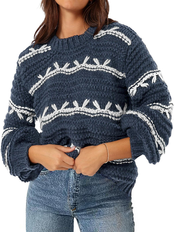 MEROKEETY Crew Neck Chunky Contrast Knit Pullover Sweaters