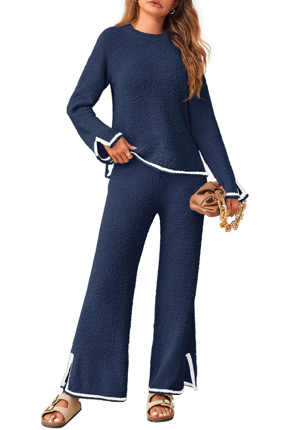 MEROKEETY Long Sleeve Sweater Pants Cozy Knit Pajama Set