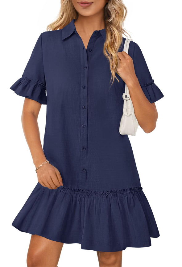 MEROKEETY Button Down Shirt Ruffle Sleeve Shift Dresses