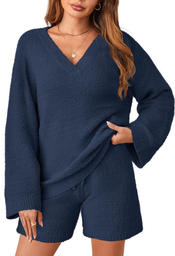 MEROKEETY Fuzzy Fleece Long Sleeve Tops and Shorts Pajamas Set