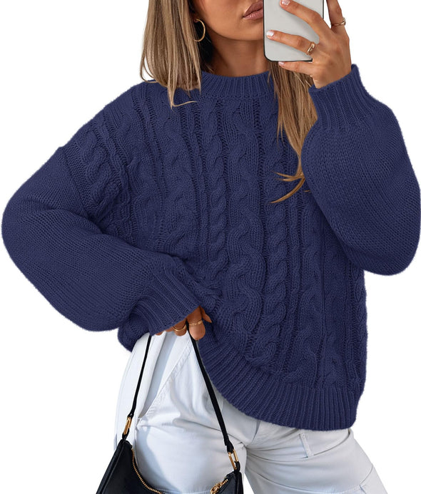 MEROKEETY Chunky Cable Knit Solid Crewneck Casual Pullover Tops