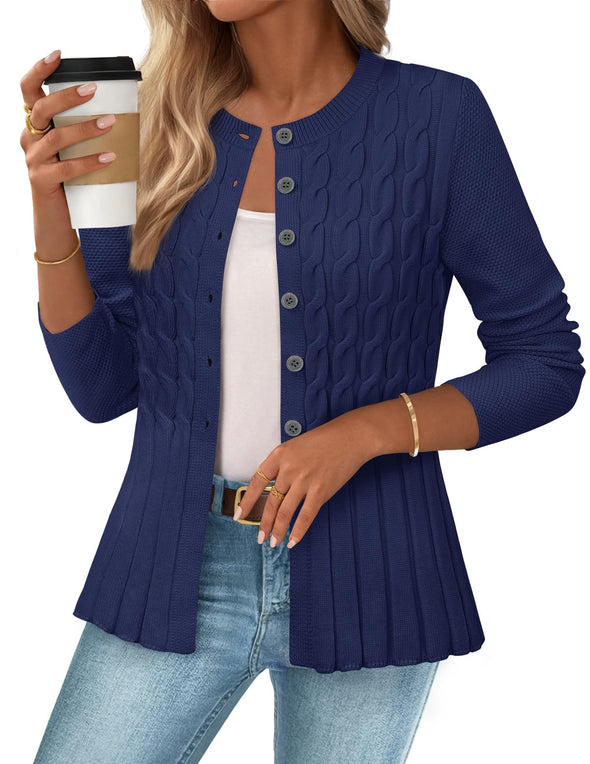 MEROKEETY Cable Knit Peplum Open Front Button Down Soft Knitted Coat