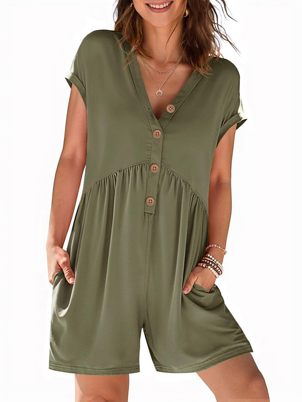 MEROKEETY Cap Sleeve Jumpsuits V Neck Button Short Romper