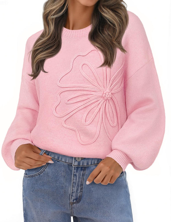 MEROKEETY Floral Crew Neck Lantern Warm Chunky Pullover Tops