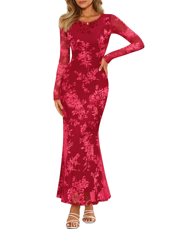 MEROKEETY Formal Wedding Bodycon Floral Mesh Cocktail Dresses