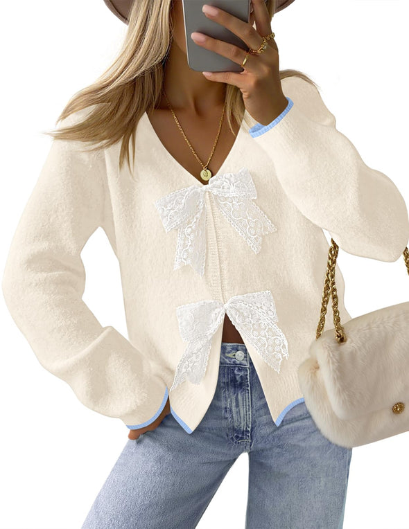 MEROKEETY Tie Front Bow Sweaters Chunky Knit Cute Trendy Coats