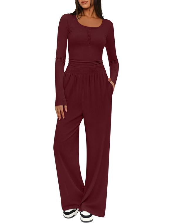 MEROKEETY Lounge Sets Henley Shirts Wide Leg Pants Matching Sets