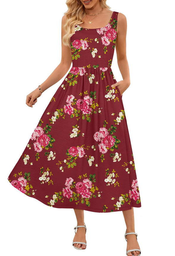 MEROKEETY Casual Floral Sleeveless Flowy Boho Tank Midi Dresses