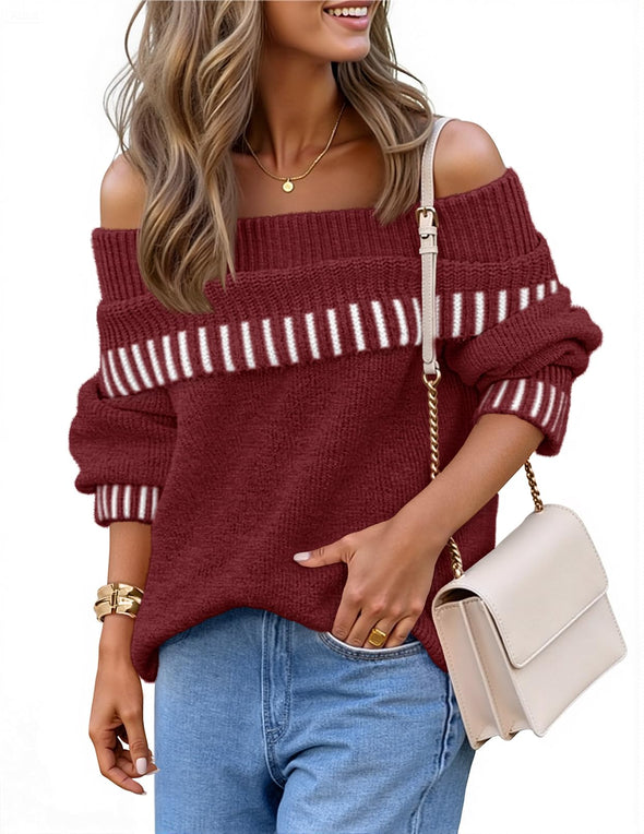 MEROKEETY Fall Oversized Ribbed Knit Striped Pullover Tops