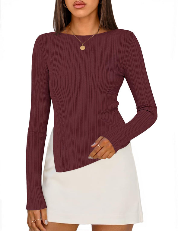 MEROKEETY Sweater Boat Neck Ribbed Asymmetric Lightweight Knit Shirts