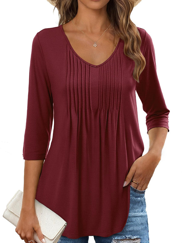 MEROKEETY 3/4 Sleeve Tunic V Neck Basic Pleated Loose Shirts