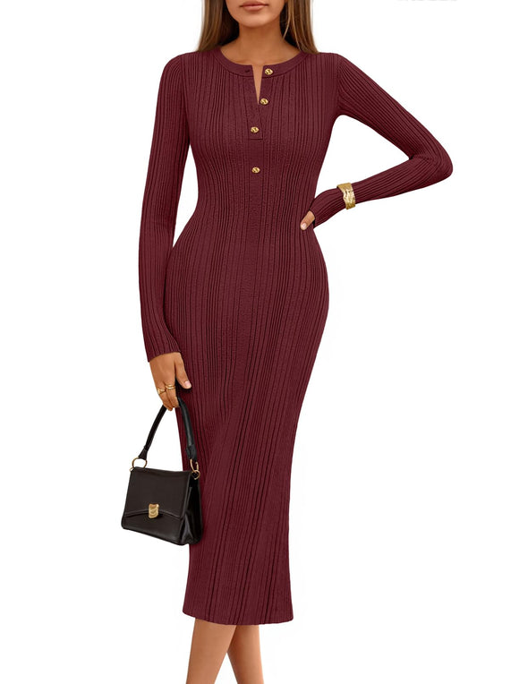 MEROKEETY Bodycon Sweater Button Crew Neck Ribbed Knit Dresses