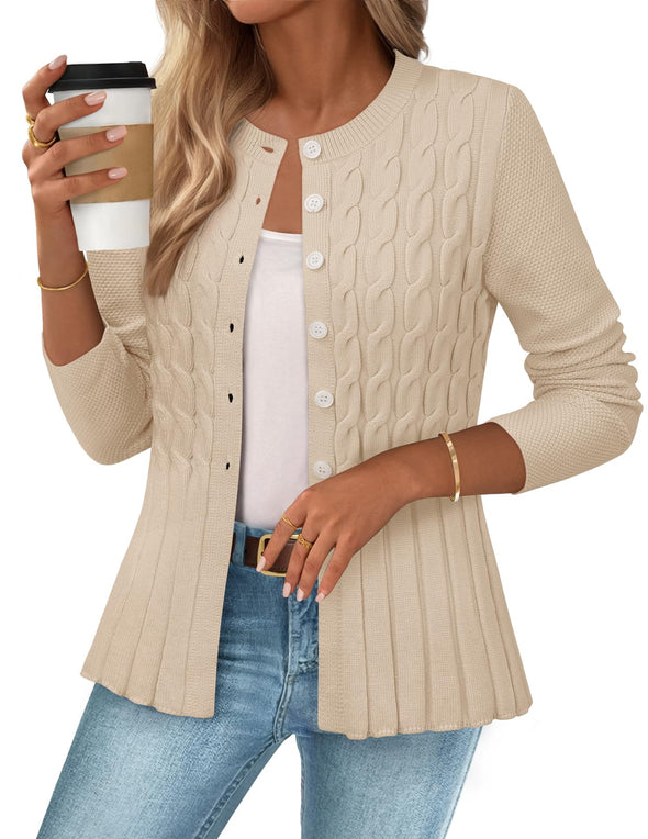 MEROKEETY Cable Knit Peplum Open Front Button Down Soft Knitted Coat