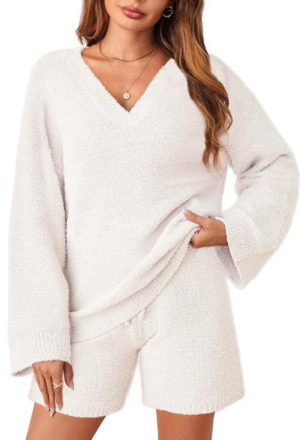 MEROKEETY Fuzzy Fleece Long Sleeve Tops and Shorts Pajamas Set