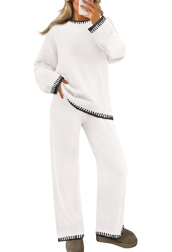 MEROKEETY Fuzzy Fleece Top Wide Leg Pants Sweater Pajama Set