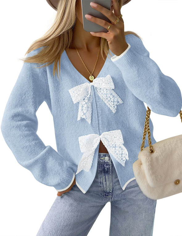 MEROKEETY Tie Front Bow Sweaters Chunky Knit Cute Trendy Coats