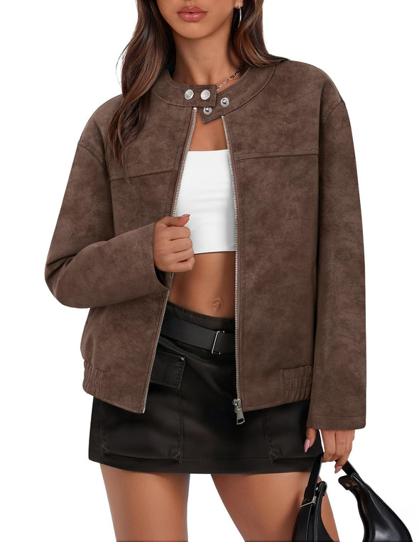 MEROKEETY Faux Suede Bomber Jackets Trendy Zip Up Coat