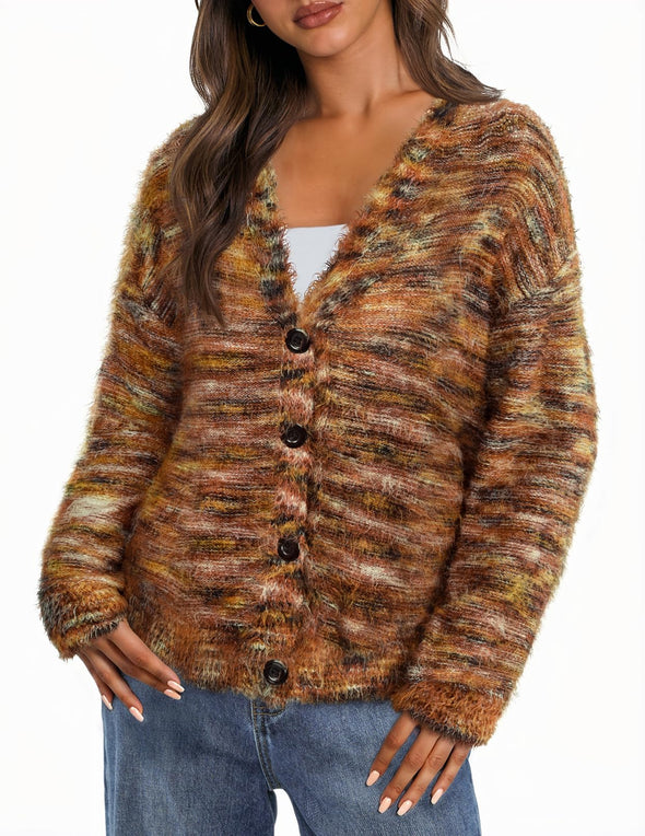 MEROKEETY Fluffy Heathered Knit Button Down Drop Shoulder Coat
