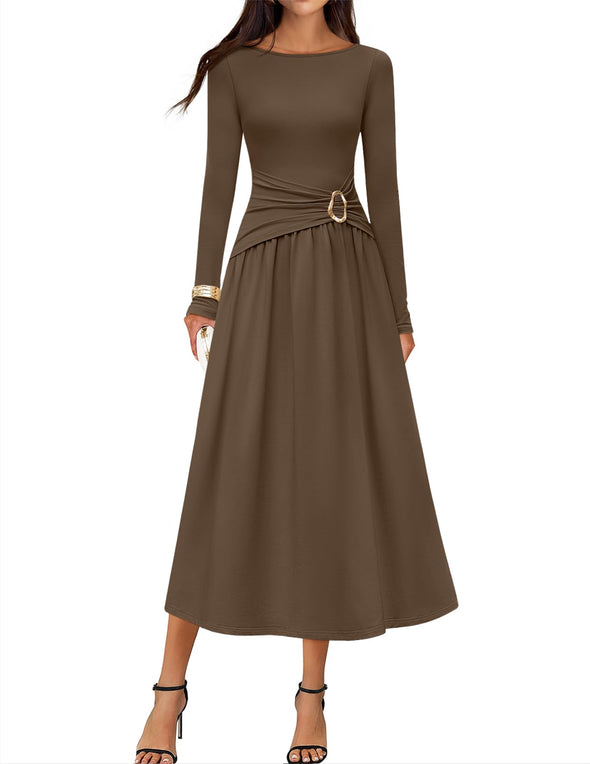 MEROKEETY Elegant Boat Neck Ruched Swing Cocktail Party Dresses