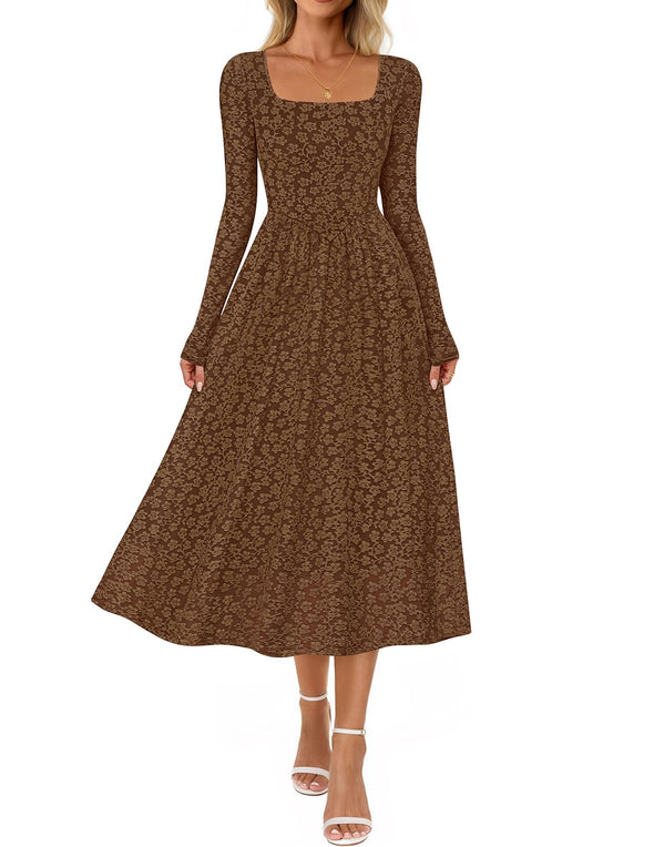 MEROKEETY Floral Square Neck Flowy A Line Wedding Ruched Dress