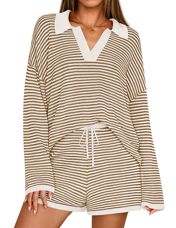 MEROKEETY Casual Striped Sweater Tops Shorts Matching Set